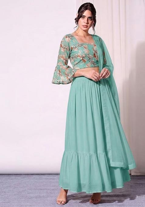 Mint Green Printed Organza Lehenga Set