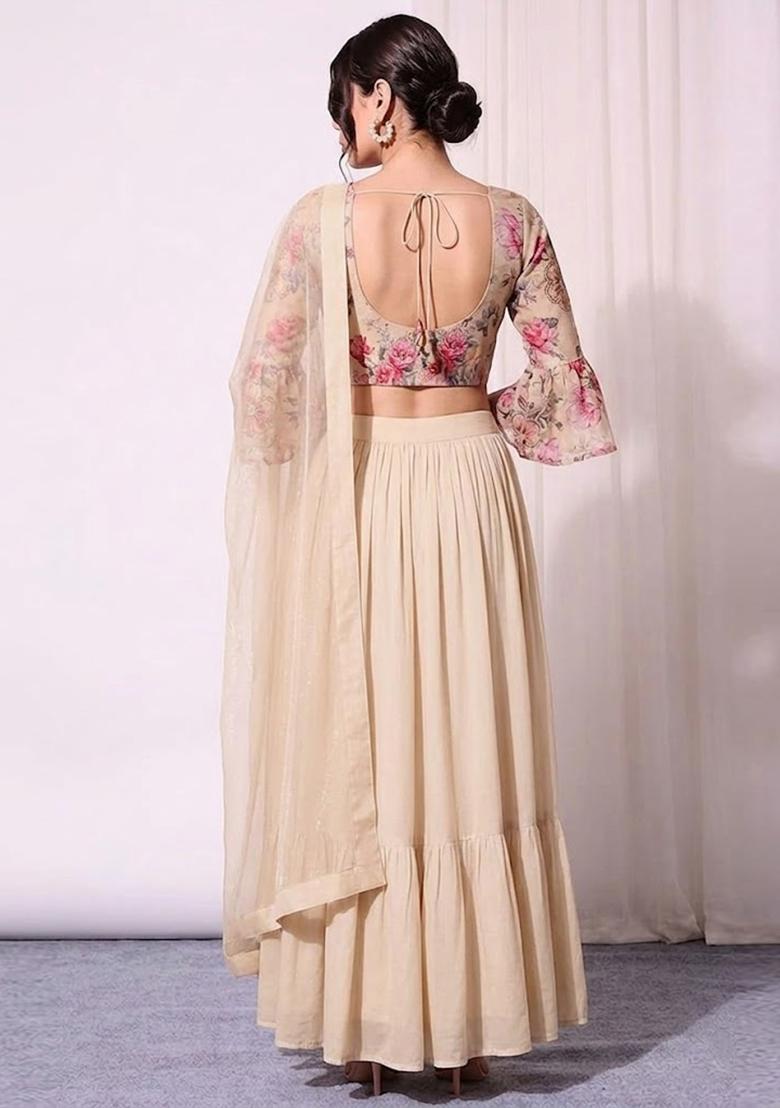 Cream Beige Printed Organza Lehenga Set - Indya