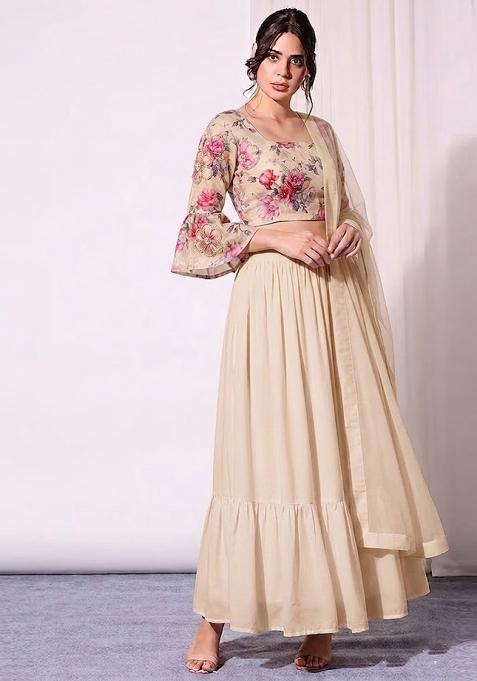 Cream Beige Printed Organza Lehenga Set