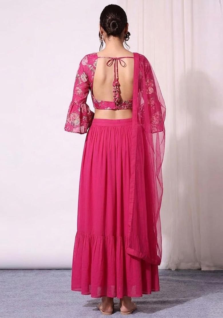 Rani Pink Printed Organza Lehenga Set - Indya