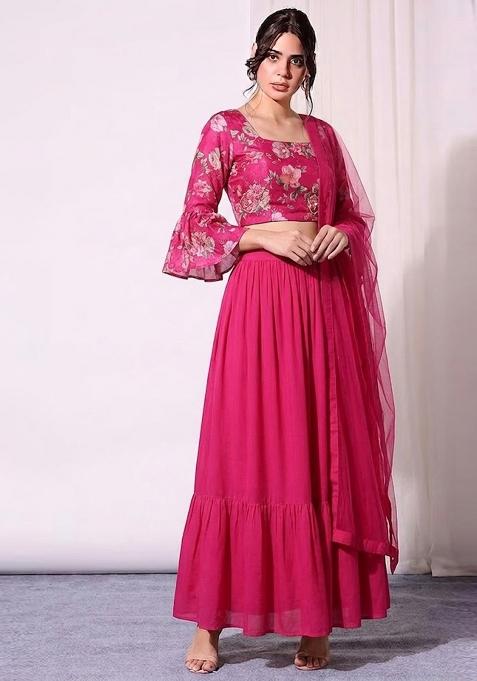 Rani Pink Printed Organza Lehenga Set