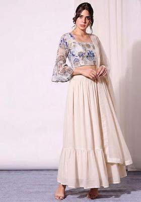 Ivory Beige Printed Organza Lehenga Set