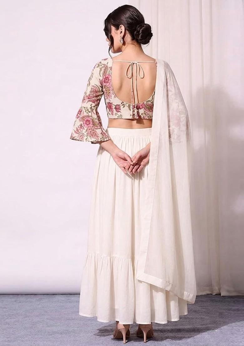 Off White Printed Organza Lehenga Set - Indya