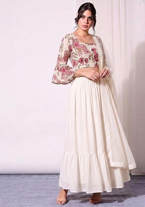 Off White Printed Organza Lehenga Set