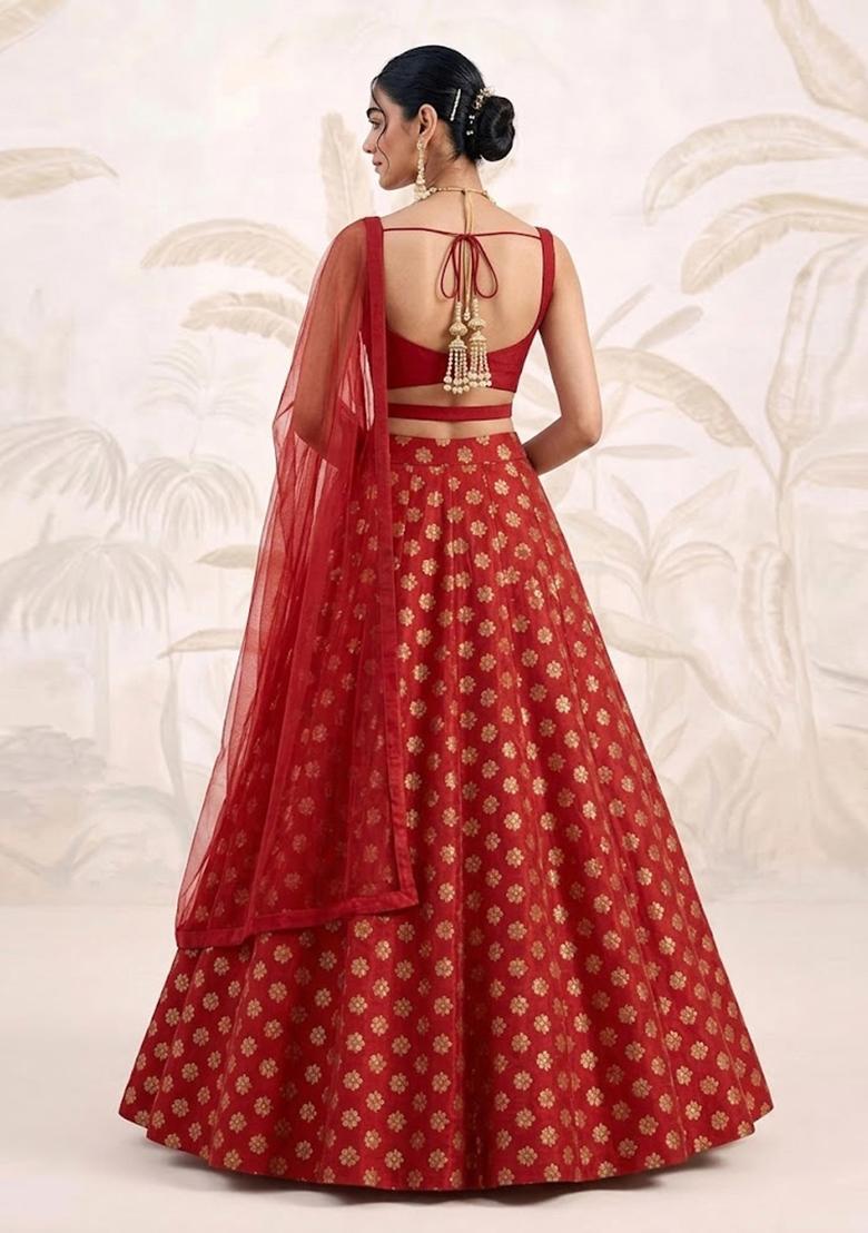 Bridal Red Zari Brocade Lehenga Set - Indya