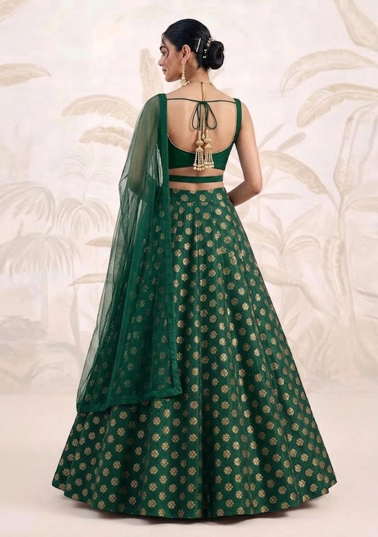 Bottle Green Zari Brocade Lehenga Set - Indya