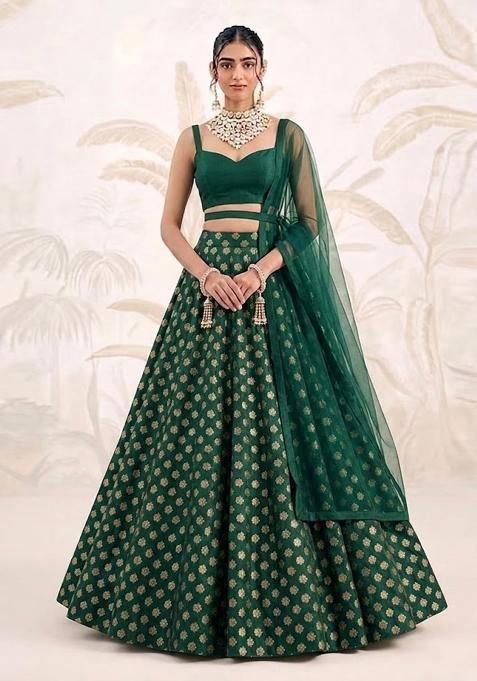 Bottle Green Zari Brocade Lehenga Set