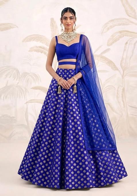 Royal Blue Zari Brocade Lehenga Set