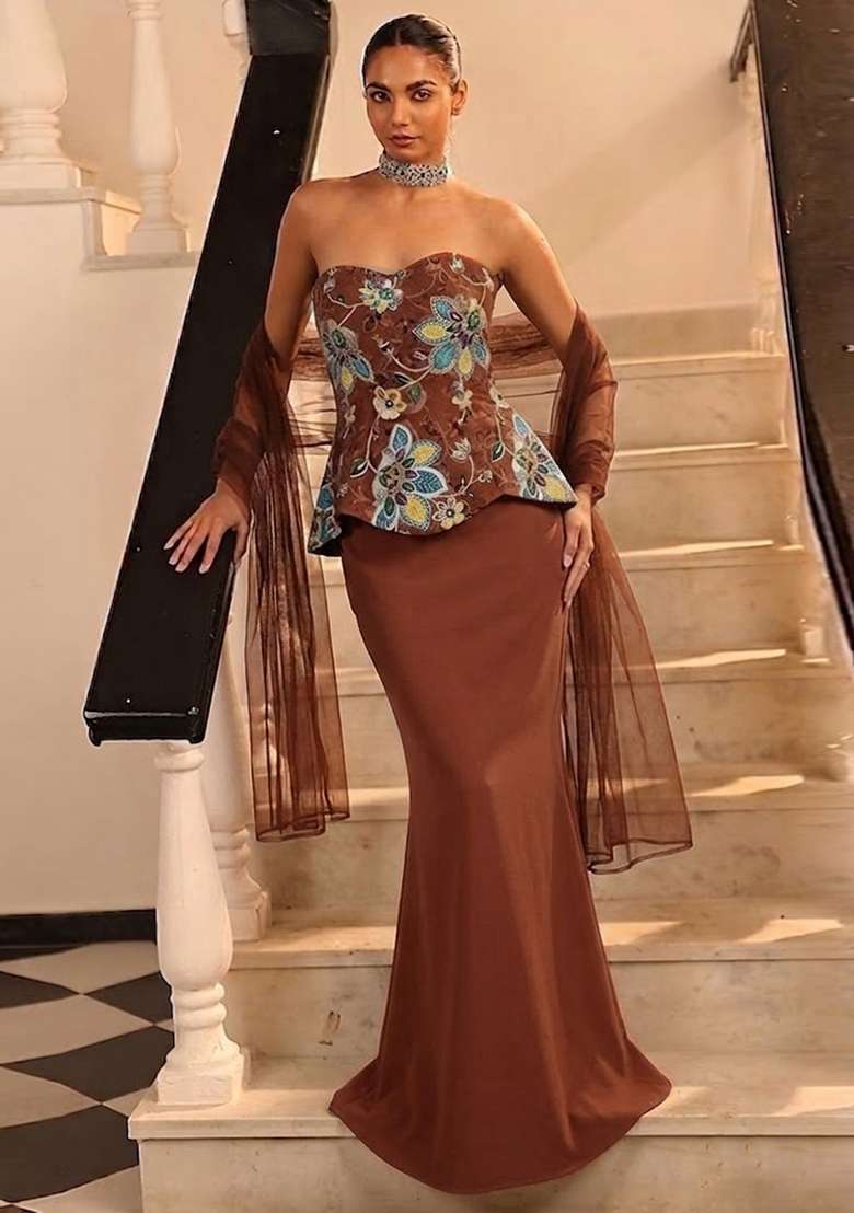 Rust Brown Organza Fusion Set with Printed for Diwali | Wedding & Festive Wear - Indya