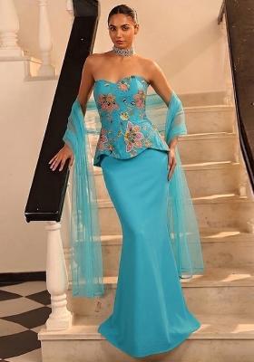 Turquoise Blue Printed Organza Fusion Set