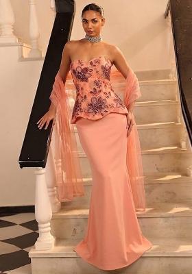 Blush Peach Printed Organza Fusion Set