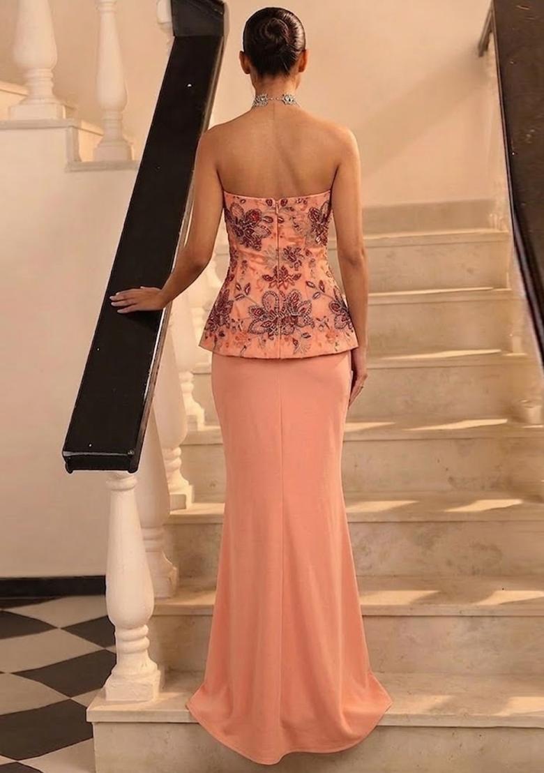 Blush Peach Printed Organza Fusion Set - Indya