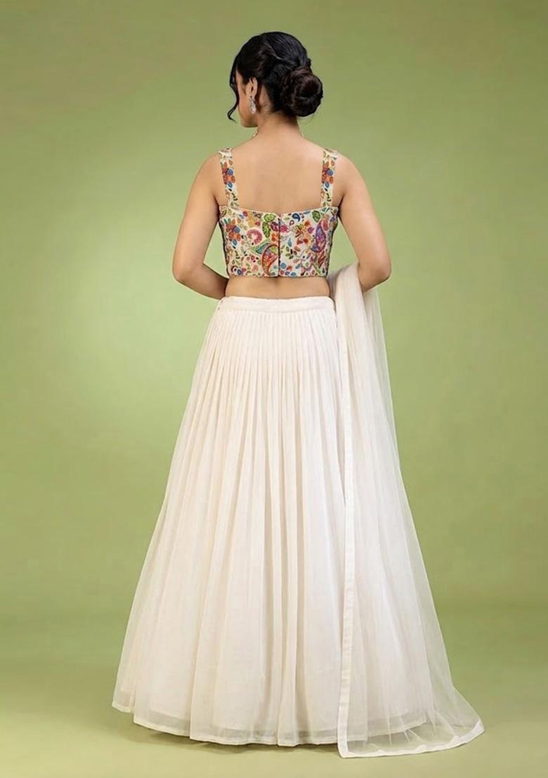 Off White Printed Crepe Lehenga Set - Indya