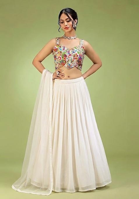 Off White Printed Crepe Lehenga Set