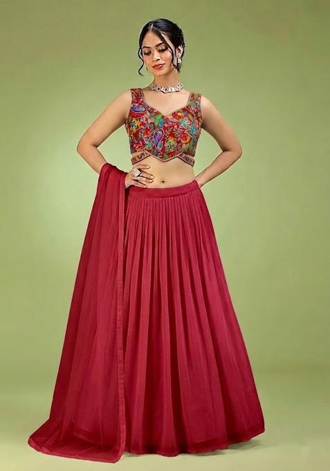 Dark Red Printed Crepe Lehenga Set