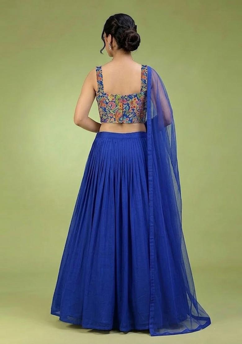 Royal Blue Printed Crepe Lehenga Set - Indya