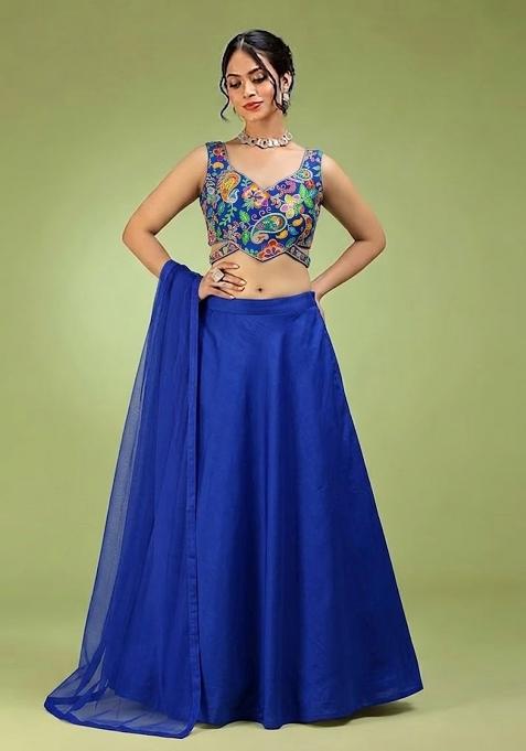 Royal Blue Printed Crepe Lehenga Set