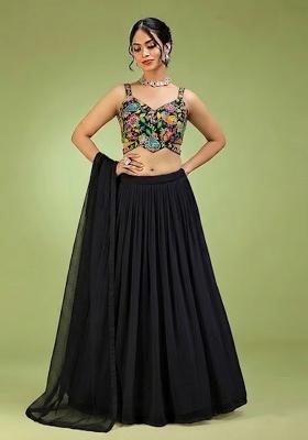 Jet Black Printed Crepe Lehenga Set