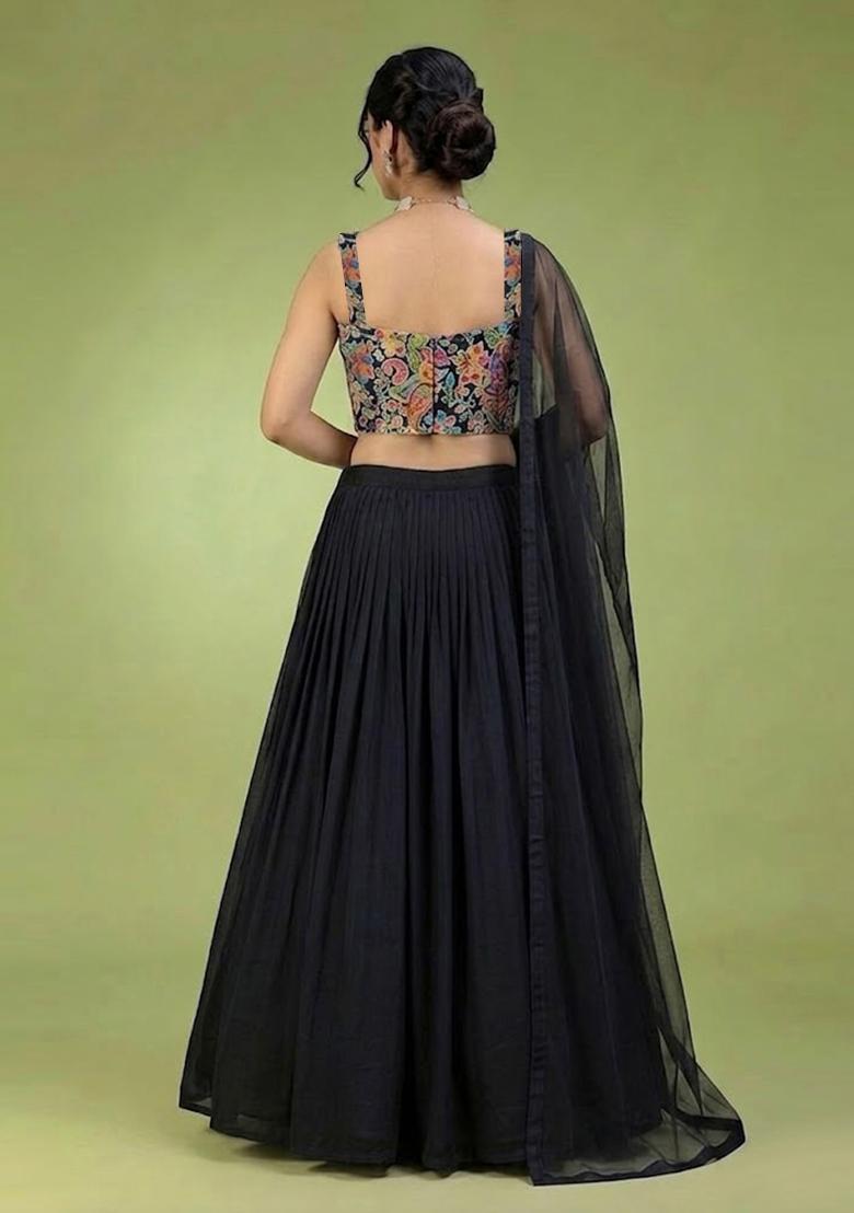 Jet Black Printed Crepe Lehenga Set - Indya