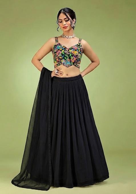 Jet Black Printed Crepe Lehenga Set
