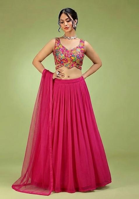 Rani Pink Printed Crepe Lehenga Set