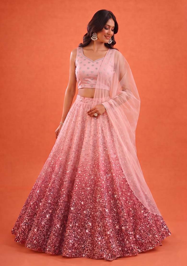Peach Pink Handwork Lehenga Set - Indya