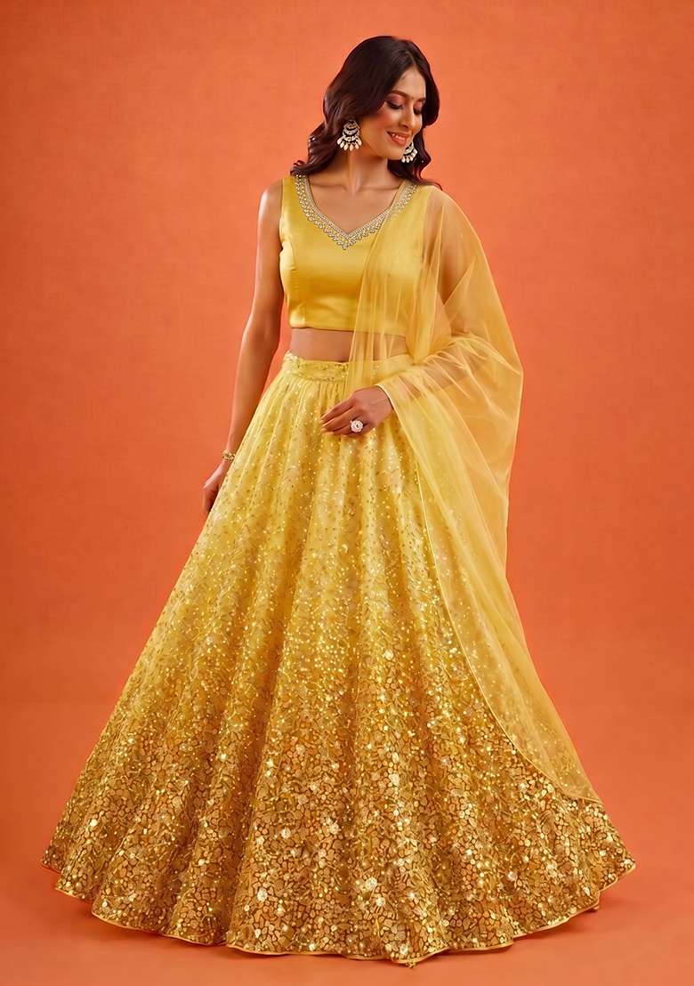 Lemon Yellow Handwork Lehenga Set - Indya