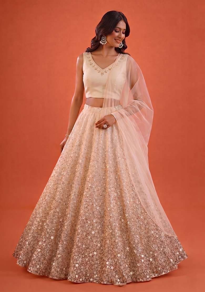 Ivory Cream Handwork Lehenga Set - Indya