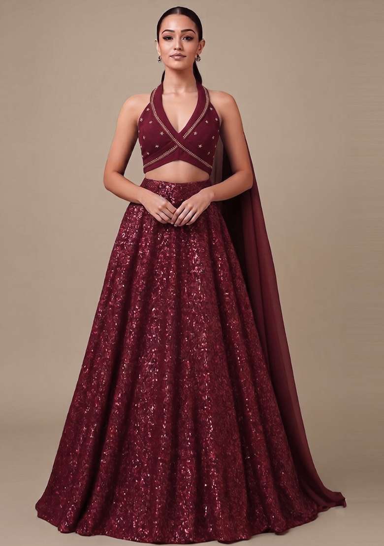Maroon Lehenga Set with Handwork for Diwali | Wedding & Festive Wear - Indya