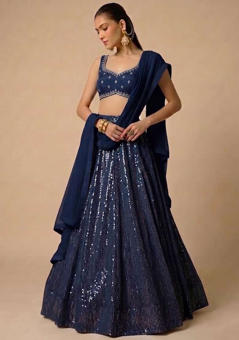Navy Blue Handwork Lehenga Set - Indya