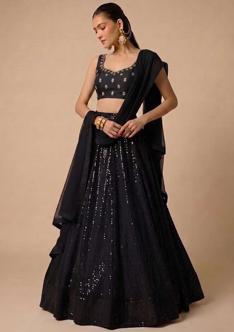 Jet Black Handwork Lehenga Set - Indya