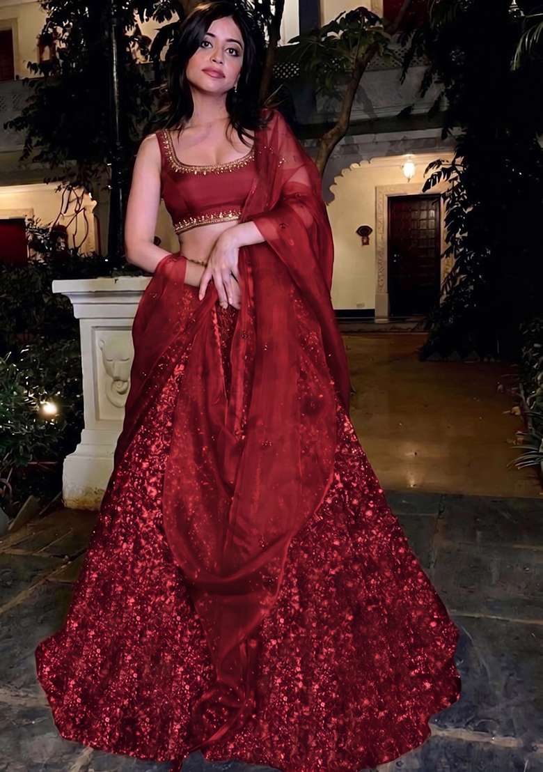 Deep Red Handwork Lehenga Set - Indya