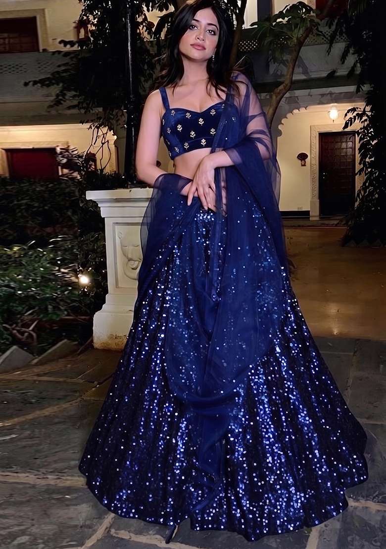 Navy Blue Handwork Lehenga Set - Indya