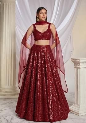 Red Sequin Net Lehenga Set