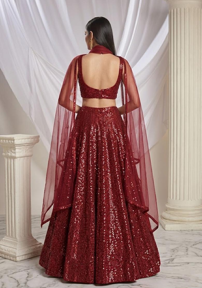 Red Sequin Net Lehenga Set - Indya