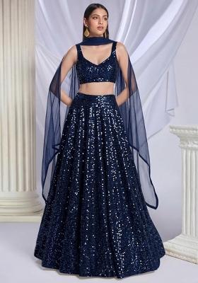 Navy Blue Sequin Net Lehenga Set