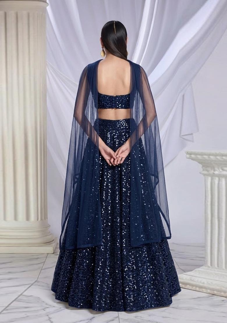 Navy Blue Sequin Net Lehenga Set - Indya