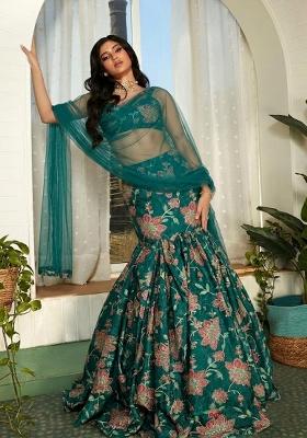 Teal Green Printed Organza Lehenga Set
