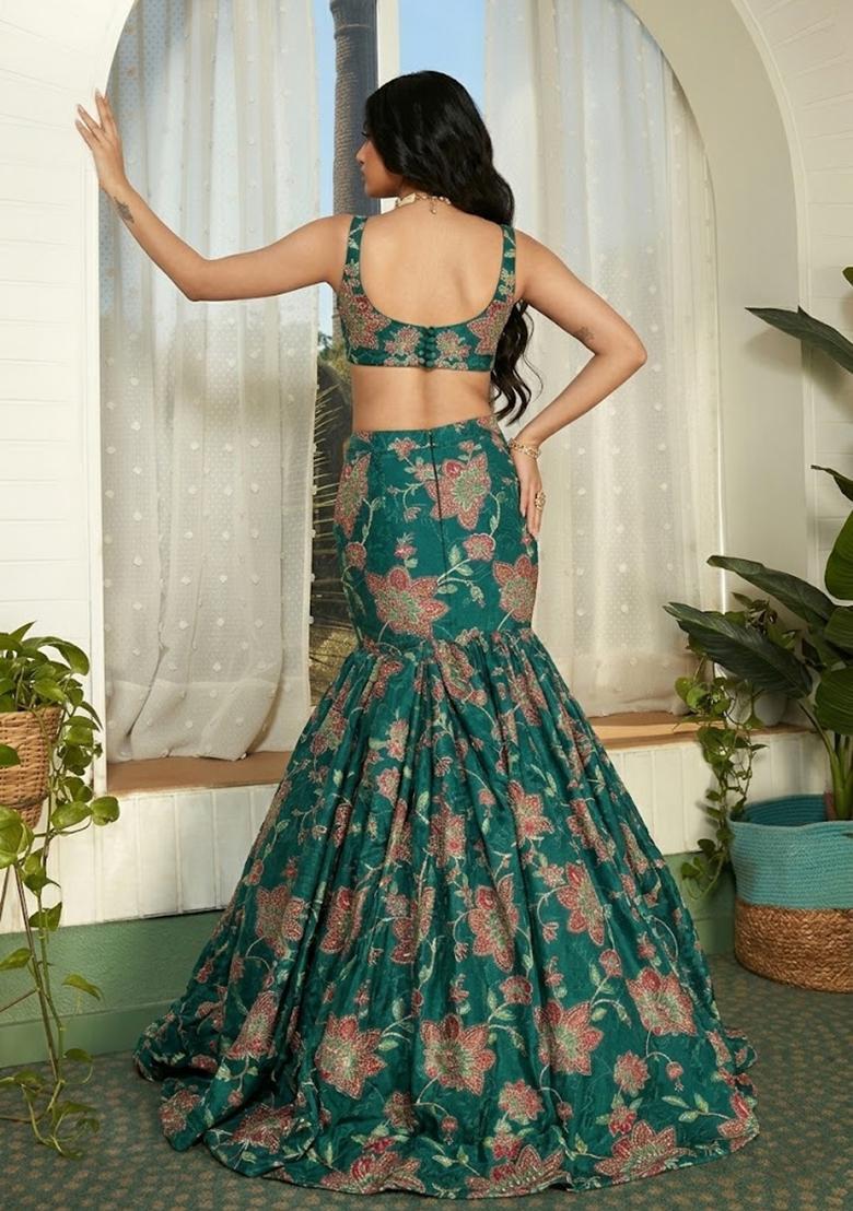 Teal Green Printed Organza Lehenga Set - Indya