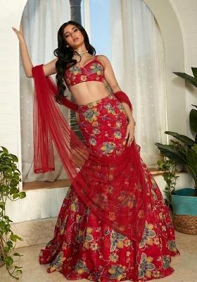 Deep Red Printed Organza Lehenga Set