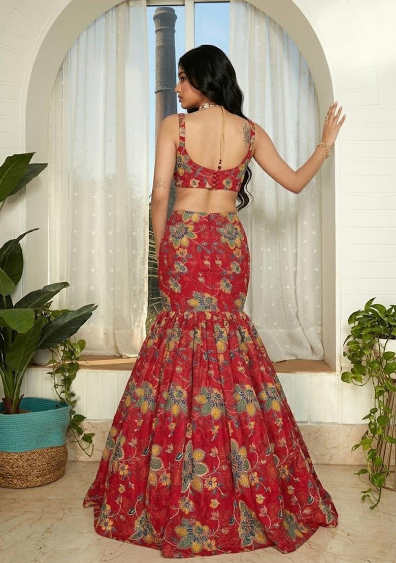 Deep Red Printed Organza Lehenga Set - Indya