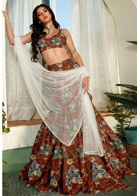 Rust Brown Printed Organza Lehenga Set