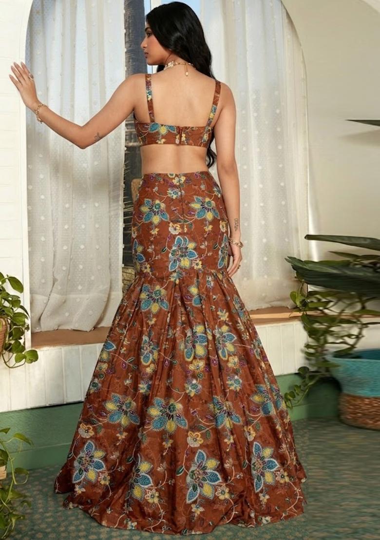 Rust Brown Printed Organza Lehenga Set - Indya