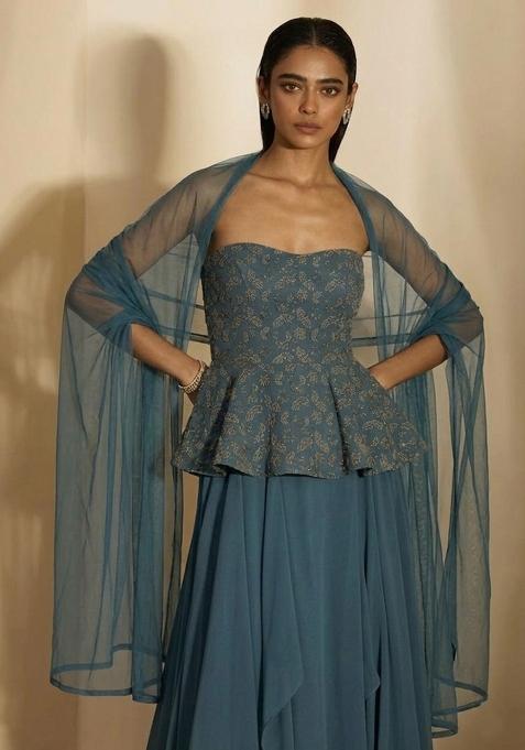 Teal Blue Embroidered Net Fusion Set