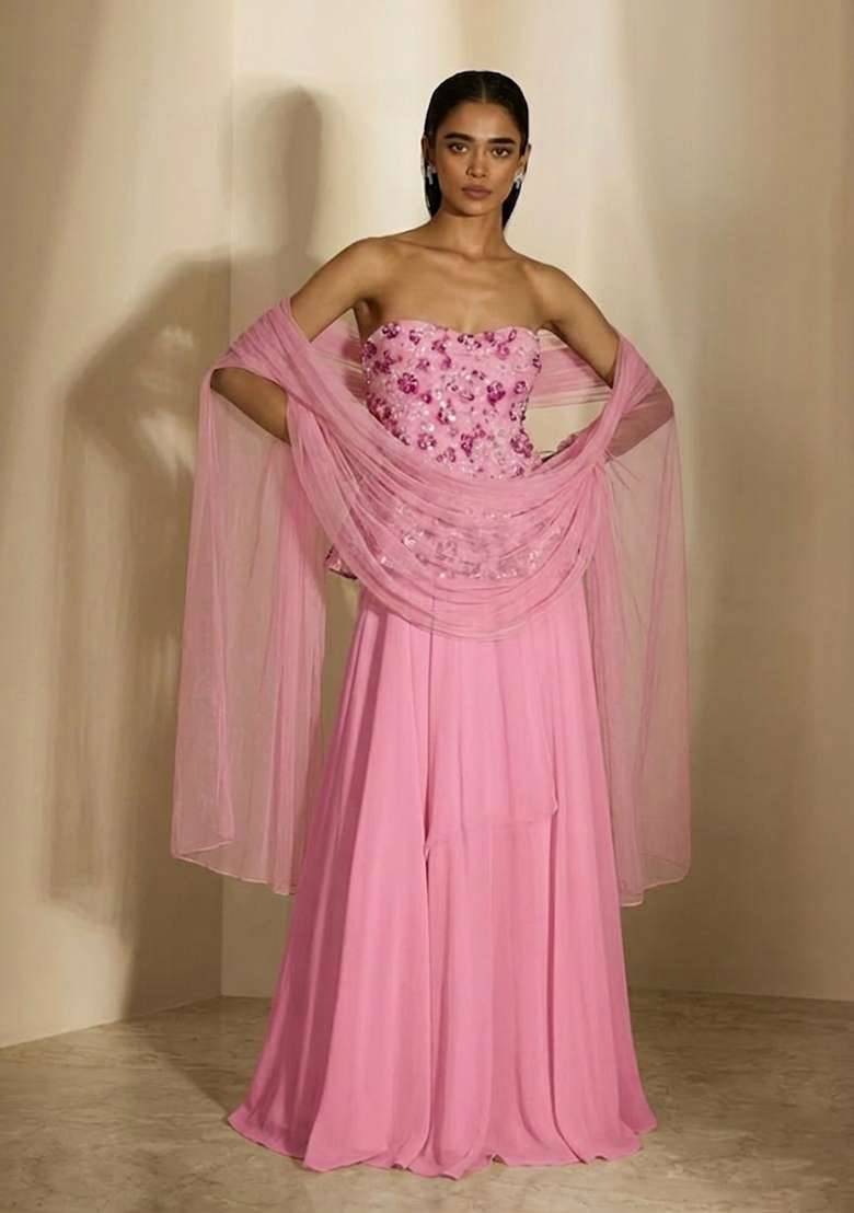 Bubblegum Pink Embroidered Net Fusion Set for Diwali and Festive Wear - Indya