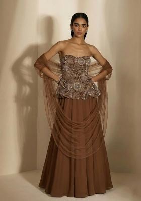 Chocolate Brown Embroidered Net Fusion Set