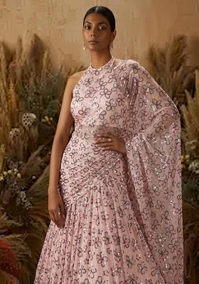 Baby Pink Sequin Net Pre Draped Saree Set