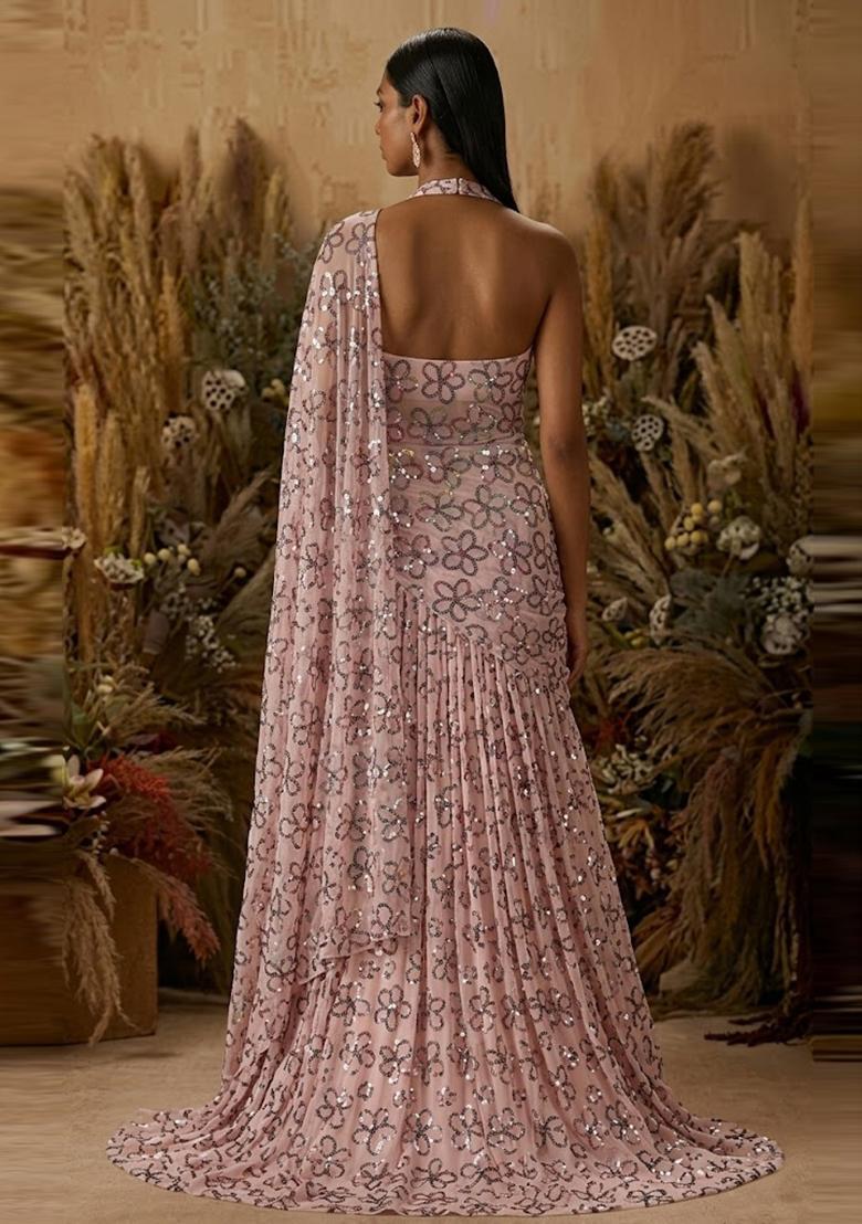 Baby Pink Sequin Net Pre Draped Saree Set - Indya