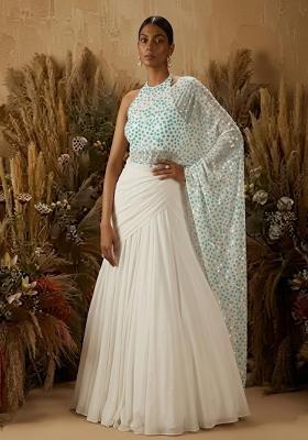 Off White Sequin Net Pre Draped Saree Set