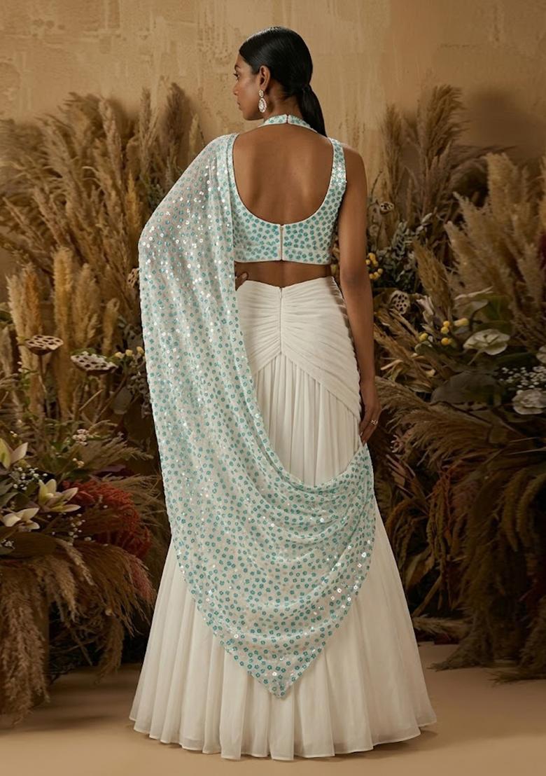 Off White Sequin Net Pre Draped Saree Set - Indya